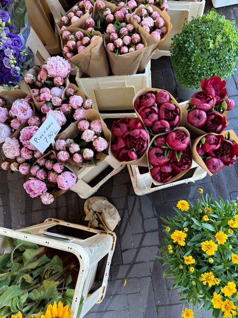 A display of fresh flowers arranged in paper wrapping, including pink peonies and deep red apple blossoms, set on white plastic crates outdoors. The pink peonies have full, ruffled petals with soft te
