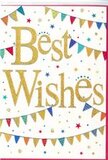 In this image, a "Best Wishes" greeting card is presented with a design that feels both bright and reassuring, like the atmosphere of a close-knit celebration somewhere off Lordship Lane. At the heart of the card, the words "Best Wishes" appear in a flowing script that sweeps across the centre in graceful curves. The lettering is rendered in a rich, golden tone, finished with a shimmer that suggests glitter or fine foil, as though each stroke has been delicately brushed with light. The letters seem slightly raised from the surface, adding a subtle sense of depth you could almost feel. This golden message sits against a crisp white background, which keeps the card looking clean and modern. Surrounding the central phrase, two soft arcs of bunting create a frame-one near the top, one near the bottom-echoing the festive lines of flags you might see at a neighbourhood street party in Dulwich Village. Each small triangular pennant is a distinct burst of colour: vivid reds, blues, greens, yellows, and purples, with some flags decorated in fine stripes or tiny dots. Together they form a gentle rainbow of cheerful detail, suggesting care and handcrafted charm. Nestled among these garlands are tiny stars and confetti-like dots, scattered with a light hand so they seem to float in the air. The spacing between all the elements is generous, giving the design an airy feel where the eye can rest easily on the central message. There are no additional pictures or clutter, only this warm wish wrapped in subtle sparkle and colour. The card's overall mood is hopeful and encouraging-perfect for acknowledging exam success, a new job, a house move within Dulwich, or any occasion where you want to send a simple, sincere message of congratulations and support.