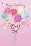 This enchanting birthday illustration presents a scene that feels as welcoming as an afternoon stroll through Dulwich Village. The background is a gentle, rosy-pink tone, creating a cosy, affectionate atmosphere. In the centre, a cluster of pastel balloons seems to float effortlessly upward, as though a birthday wish has just been released into the sky above Dulwich's leafy lanes. Each balloon wears its own decorative style: some twist with graceful ribbon-like stripes, others are scattered with light-hearted polka dots, and a few are softly shaded in hues of mint, teal, buttery yellow, and rose-petal pink. Nestled among them is a heart-shaped balloon that becomes the emotional centre of the scene, hinting at love and appreciation. Beneath this airy gathering, a hand-tied bouquet forms the foundation of the design. The flowers, reminiscent of small roses and anemone-like blossoms, are tightly clustered, their velvety petals layered in shades of ivory, blush, and gentle mauve. They appear freshly arranged, as though they have just been chosen from a local florist along Lordship Lane. The imagined fragrance is light and comforting, adding a sensory layer to the visual softness. A satin-finish purple bow cinches the stems, its sheen reflecting tiny highlights that echo the glow along the balloon surfaces. Around the bouquet drift tiny star shapes and delicate butterflies, giving a sense of movement and magic, as if the entire scene were captured just as it begins to sparkle into life. The composition feels balanced and lovingly composed, making it ideal for a birthday greeting that brings a touch of Dulwich warmth and creativity to someone's special day.