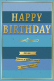 An understated yet luxurious birthday card is shown standing upright, its colours and textures evoking the quiet elegance of a Dulwich townhouse interior. The entire background is formed from generous horizontal stripes of blue, each stripe subtly different in tone, progressing in an ombre flow from deep navy at the edges to lighter, gentler sky blues through the middle. The blending of these cool shades creates a calm, layered effect, much like bands of light and shadow drifting across Dulwich Park on a clear afternoon. Centered on this tranquil backdrop, the words "HAPPY BIRTHDAY" appear in bold gold capitals, embossed so they rise slightly above the card's surface. The metallic finish has a soft sheen, reflecting light without glare, and giving the greeting a sense of importance and warmth. Directly beneath the main text, a slender golden flourish curls gracefully, its intricate lines providing a decorative pause between the headline and the sentiment below. Further down, three slim gold banners are stacked neatly, each ribbon carrying part of a friendly message: "Relax, have a great day and enjoy!" The wording feels conversational and kind, inviting a moment of ease. A narrow gold line runs around the outer edge, framing the design like a picture and drawing the eye inward. The card stock appears thick and smooth with a matte blue texture that feels almost velvety, contrasting beautifully with the glossy gold embossing. It is easy to imagine this card propped beside a simple glass vase of fresh birthday flowers on a Dulwich kitchen counter, the blues echoing delicate petals and the gold catching the soft glow of indoor light as friends or family gather to celebrate.